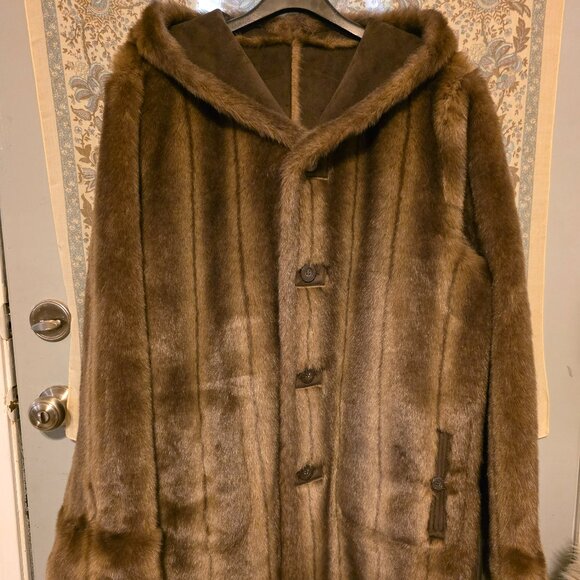 😍 NWT Brown Faux Fur Shearling & Suede Reversible Hooded Coat Size L - Picture 1 of 11